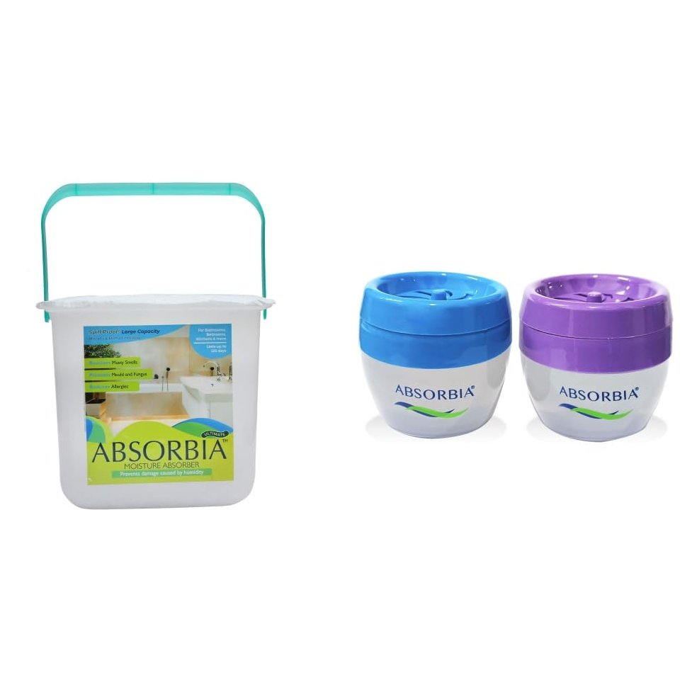 Absorbia Moisture Absorber Ultimate Bucket 2kgs, Dehumidifier for Large Space (Absobs upto 4L) and Aviator Car Gel Air Freshener - Pack of 2 (125g X 2) with fragrance of Blue Wave & Tropical Joy…