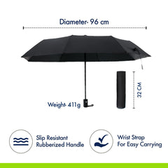 ABSORBIA Unisex 10K 3fold auto open umbrella for Rain & Sun proof, black coated for UV protection and also windproof| Double Layer Folding Portable Umbrella with cover| Black colour |Diameter 96 cm…