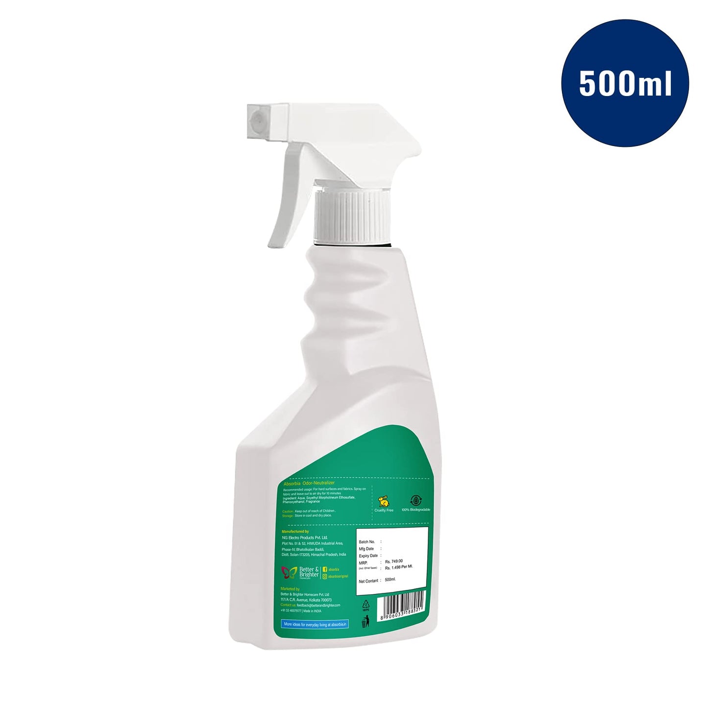 Absorbia Odour Neutralizer & Air Freshener Fabric + spaces Refresher, Eliminate Odours & Disinfect and Deodorize Fabric, bathrooms, cars and living spaces (500 ML)