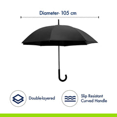 ABSORBIA Big Straight and Stick Umbrella for rain, Windproof, Waterproof and UV Coated, Open Diameter 105cm Double Layer Umbrella With Cover in Black Colour…
