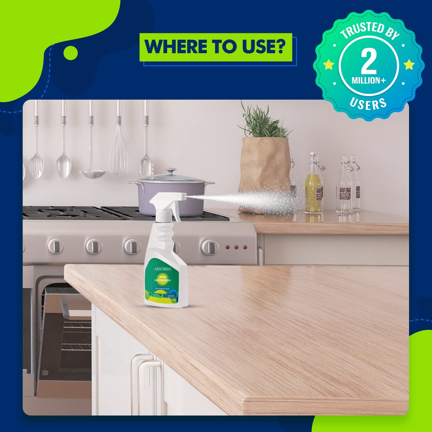 Absorbia Odour Neutralizer & Air Freshener Fabric + spaces Refresher, Eliminate Odours & Disinfect and Deodorize Fabric, bathrooms, cars and living spaces (500 ML)