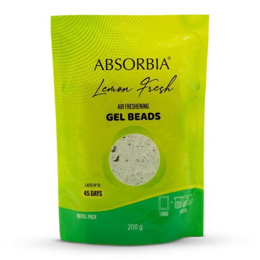 Absorbia Lemon Fresh Gel Beads Air Freshener - 200g with 8ml Refill Pack With decorative glass Jar and Box, and Invigorating Citrus Bliss for 45 Days of Refreshment