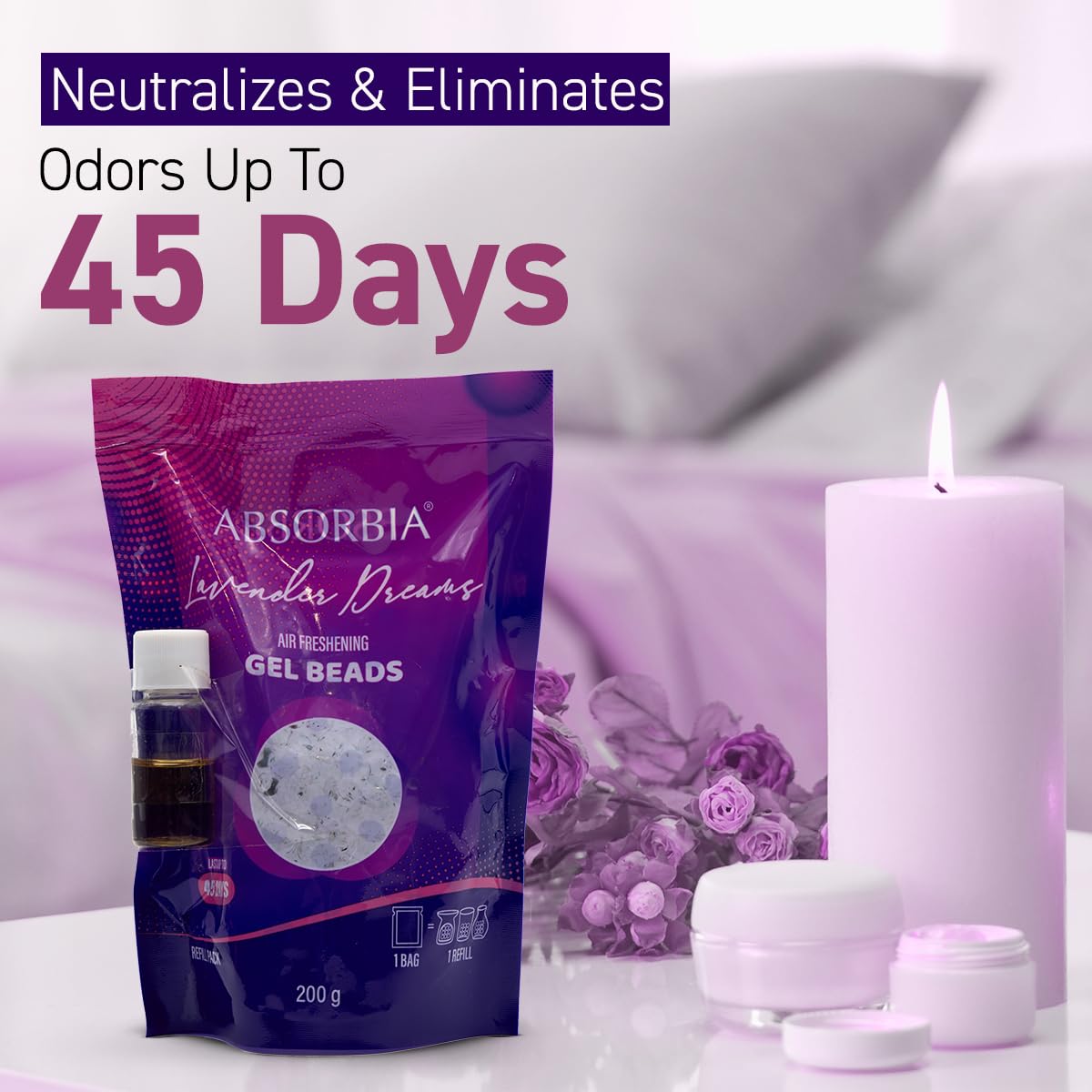 Absorbia Lavender Dreams Gel Beads Air Freshener - 200g with 8 ml refill fragrance Enjoy 45 Days of Tranquil Fragrance Renewal for office Room and Home