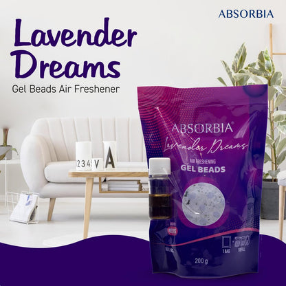 Absorbia Lavender Dreams Gel Beads Air Freshener - 200g with 8 ml refill fragrance Enjoy 45 Days of Tranquil Fragrance Renewal for office Room and Home
