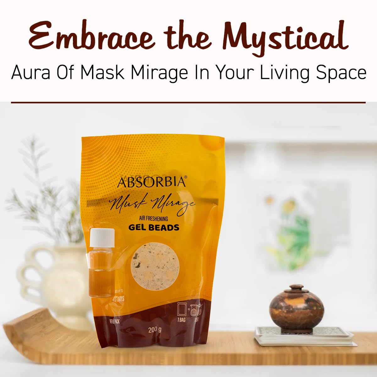 Absorbia Mask Mirage Gel Beads Air Freshener - 200g, with 8ml Refill Pack of Fragrance upto 45 Days of Enigmatic Fragrance for a Mystical Atmosphere packed in decoratice Box and beatifull Glass Jar