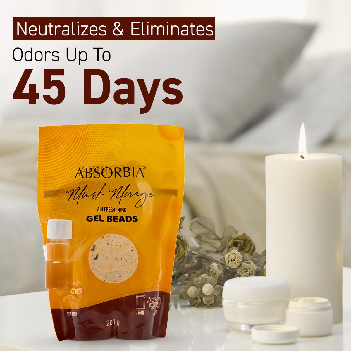 Absorbia Mask Mirage Gel Beads Air Freshener - 200g, with 8ml Refill Pack of Fragrance upto 45 Days of Enigmatic Fragrance for a Mystical Atmosphere packed in decoratice Box and beatifull Glass Jar