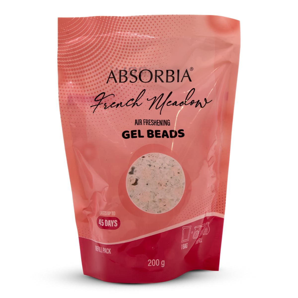 Absorbia Gel Beads Air Freshener: 200g French Meadow Fragrance with 8ml Refill - upto 45 Days for a Breath of Fresh Elegance, packed in a Nice Box with decorative glass Jar