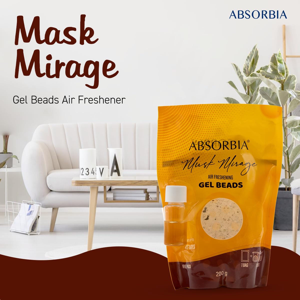 Absorbia Mask Mirage Gel Beads Air Freshener - 200g, with 8ml Refill Pack of Fragrance upto 45 Days of Enigmatic Fragrance for a Mystical Atmosphere packed in decoratice Box and beatifull Glass Jar