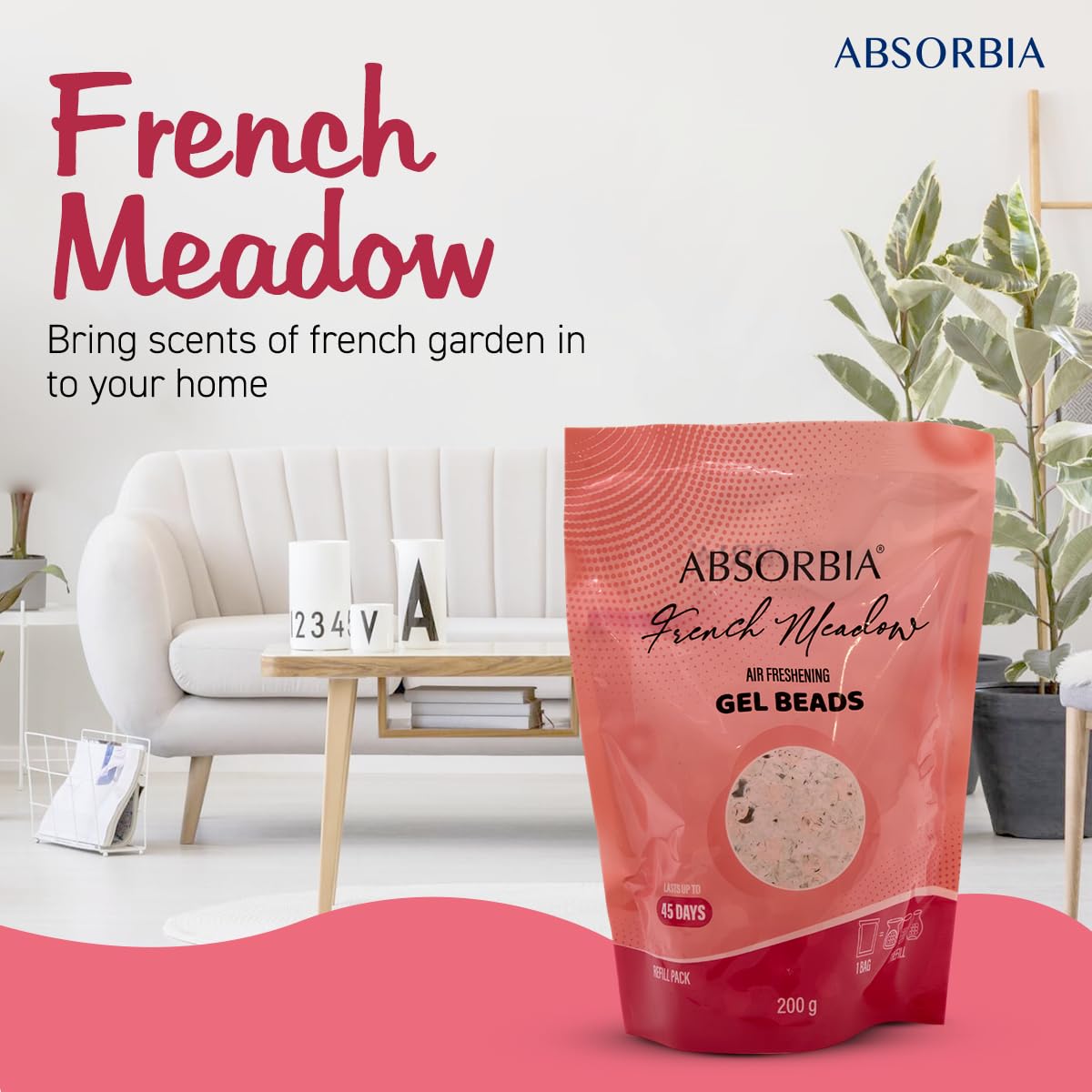 Absorbia Gel Beads Air Freshener: 200g French Meadow Fragrance with 8ml Refill - upto 45 Days for a Breath of Fresh Elegance, packed in a Nice Box with decorative glass Jar