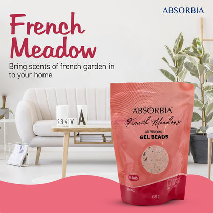 Absorbia Gel Beads Air Freshener: 200g French Meadow Fragrance with 8ml Refill - upto 45 Days for a Breath of Fresh Elegance, packed in a Nice Box with decorative glass Jar