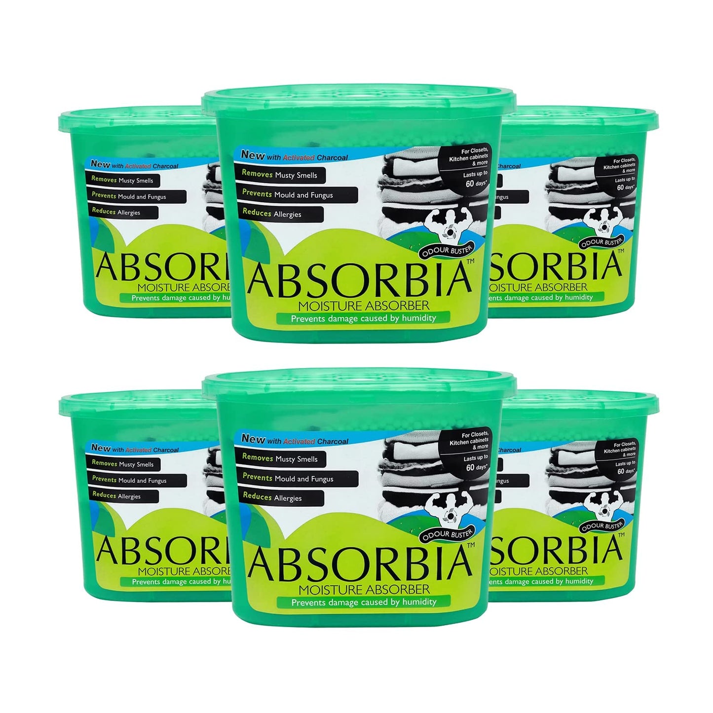 Absorbia Moisture Absorber & Odour Buster with Activated Charcoal | Pack of 6 X 2 (600ml Each) | Dehumidier for Wardrobe, Cupboards & Closets | Fights Against Mould, Fungus & Musty smells