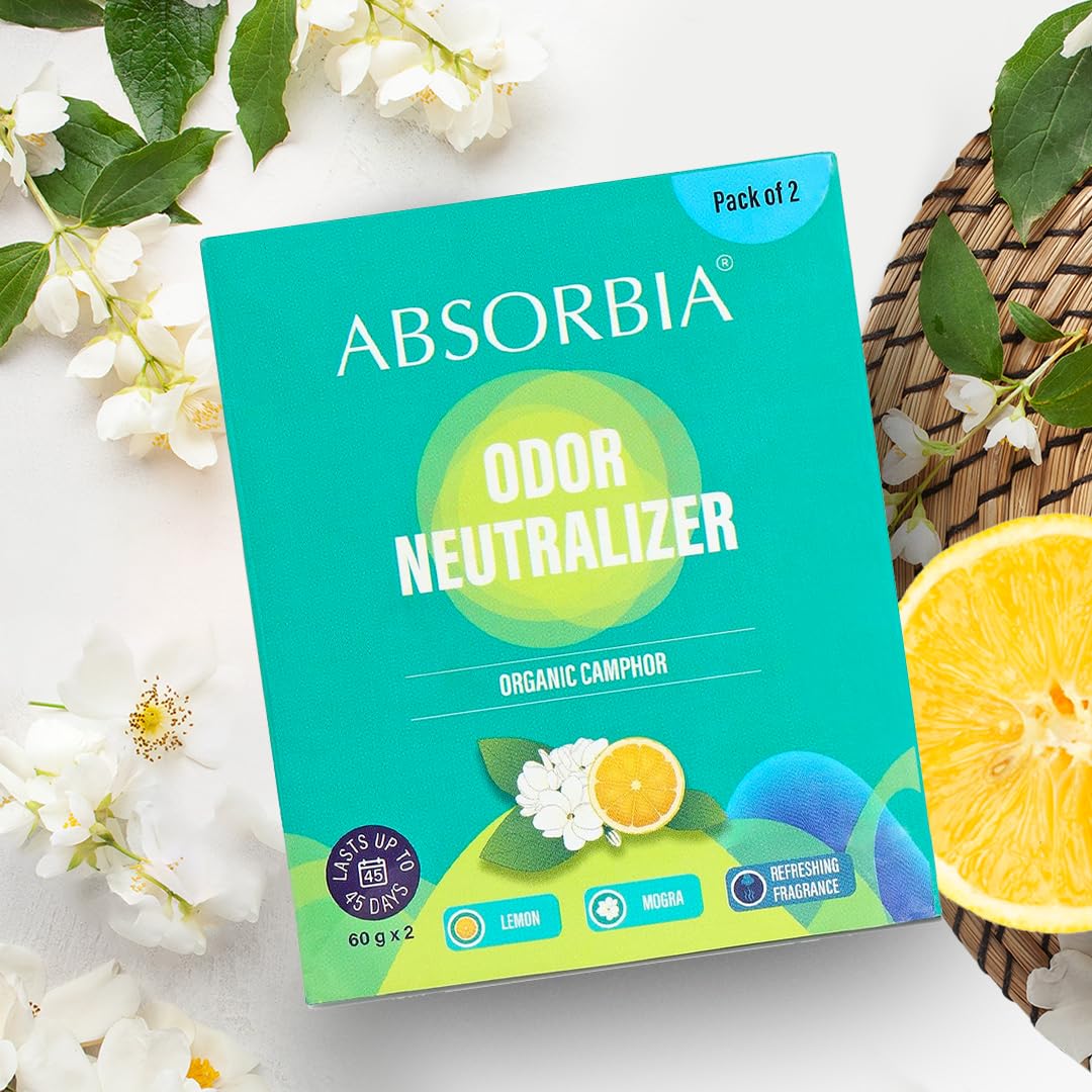 Absorbia Moisture Absorber Sachet(100g each)-Season Pack of 6(Absobs upto 200ml Each) and Natural Camphor(Kapoor) Diamond shape for Equal Dispersion(60g X 2) with Fragrance of Lemon & Mogra