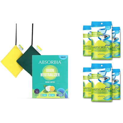 Absorbia Moisture Absorber Sachet(100g each)-Season Pack of 6(Absobs upto 200ml Each) and Natural Camphor(Kapoor) Diamond shape for Equal Dispersion(60g X 2) with Fragrance of Lemon & Mogra