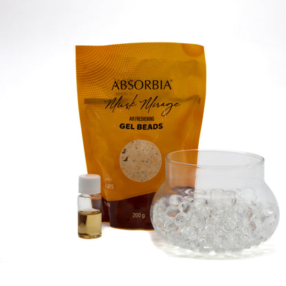 Absorbia Mask Mirage Gel Beads Air Freshener - 200g, with 8ml Refill Pack of Fragrance upto 45 Days of Enigmatic Fragrance for a Mystical Atmosphere packed in decoratice Box and beatifull Glass Jar