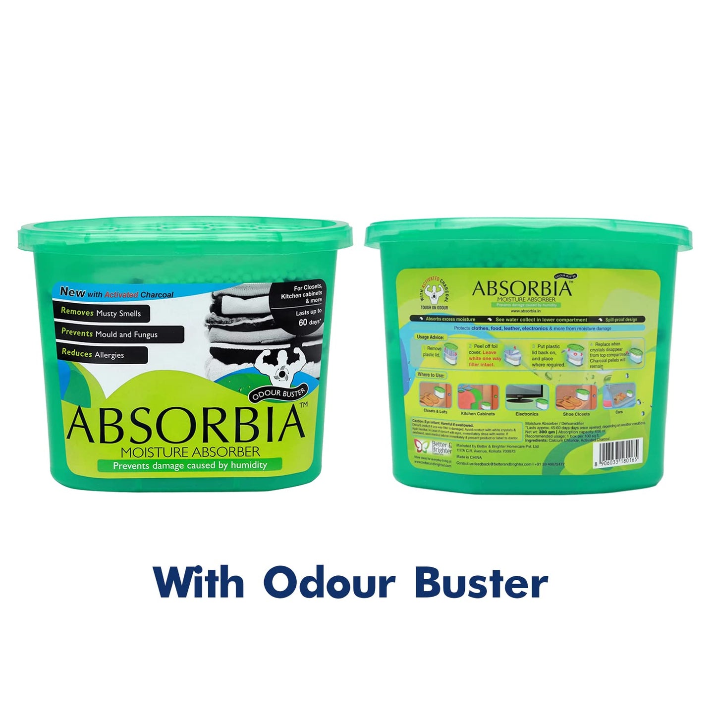 Absorbia Moisture Absorber & Odour Buster with Activated Charcoal | Pack of 6 X 2 (600ml Each) | Dehumidier for Wardrobe, Cupboards & Closets | Fights Against Mould, Fungus & Musty smells