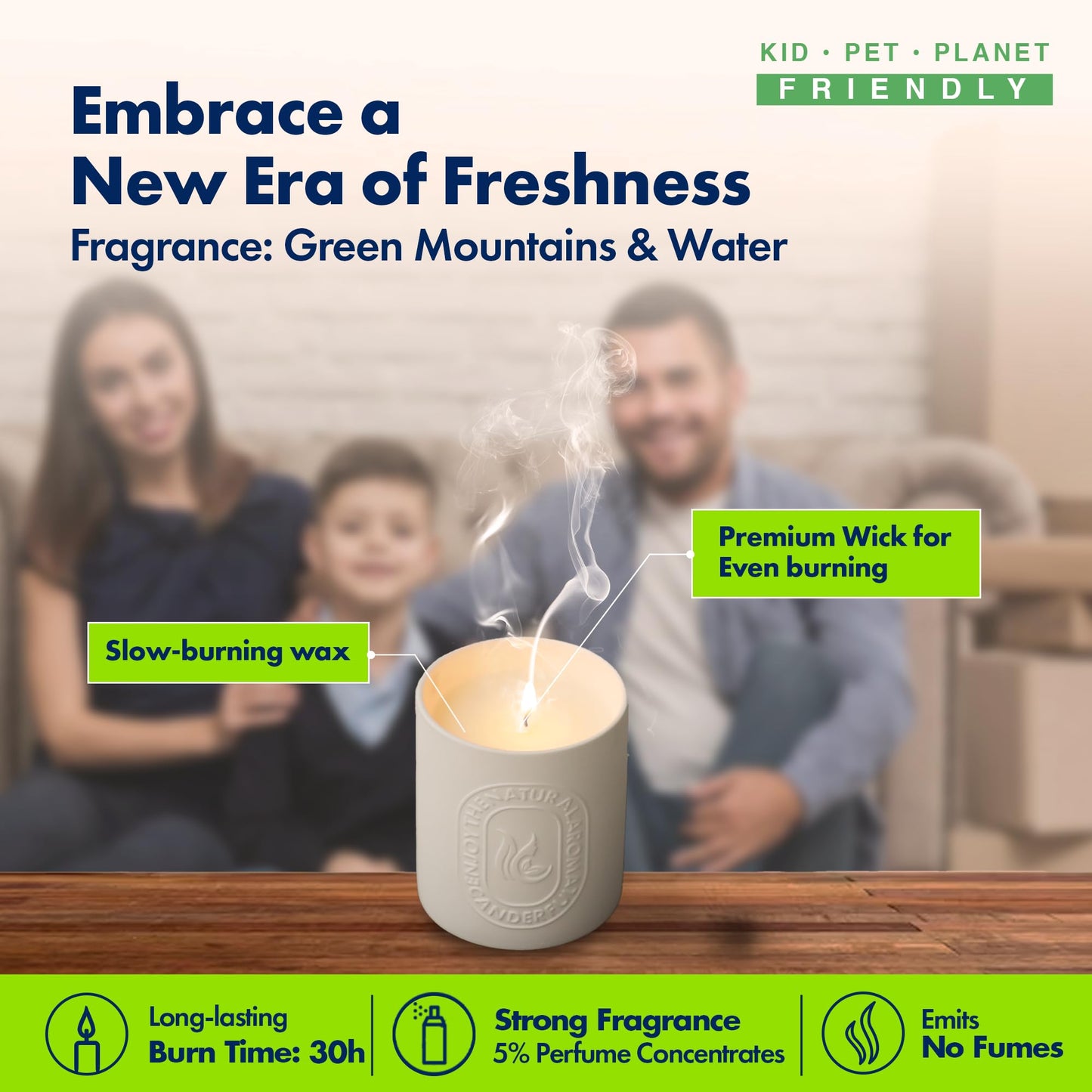 ABSORBIA Green Mountains & Water Tranquility: Scented Candle with 5% Perfume Concentrates, Essential Oil & Soybean Wax, 150g, 30-Hour Burn Time, Ceramic Cup (7x8cm), Packaged in EPE Foam and Brown Box