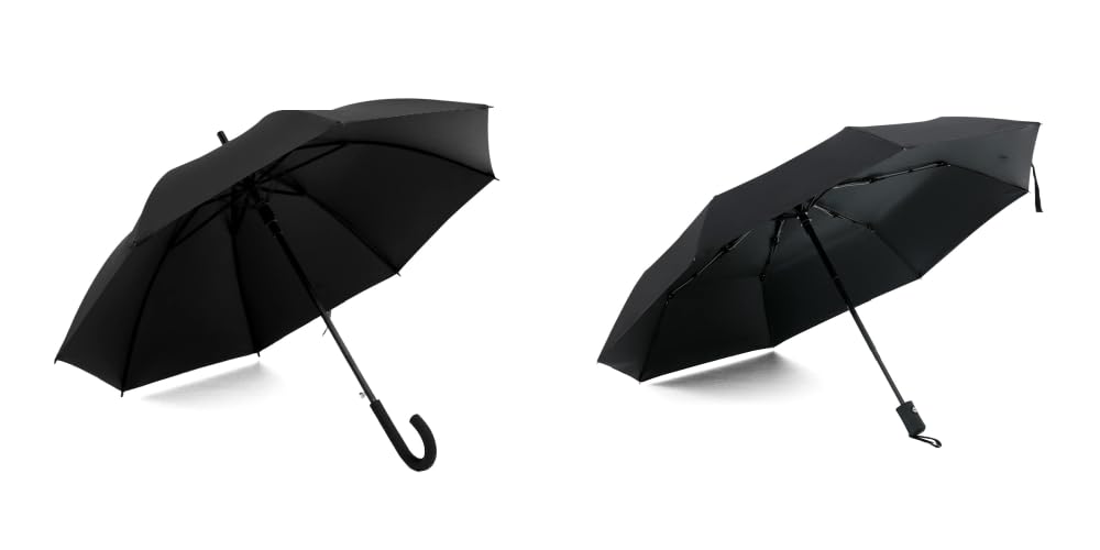 ABSORBIA Unisex Straight Umbrella Black and 3X Folding Umbrella Black (Pack of 2), For Rain & Sun Protection and also windproof | Double Layer Folding Portable Umbrella with Cover