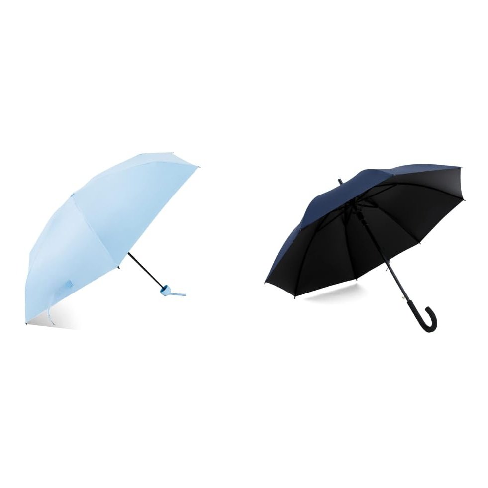 ABSORBIA 5X Folding Umbrella Light Blue and Straight Umbrella Navy Blue(Pack of 2),For Rain & Sun Protection and also windproof | Double Layer Folding Portable Umbrella with Cover