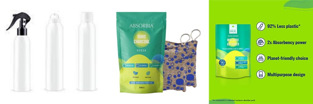 ABSORBIA ROOM FRESHNER SPRAY - Light Pink Color 200ml|Absorbia Moisture Absorber 300gm|Stand up Closet Pouch 300gm|ABSORBIA IONIC HAUS Pure Activated Charcoal Air Organic Jute Bag 200 Gms
