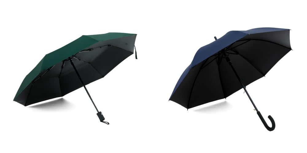 ABSORBIA Unisex 3X Folding Umbrella Dark Green and Straight Umbrella Navy Blue (Pack of 2), For Rain & Sun Protection and also windproof | Double Layer Folding Portable Umbrella with Cover