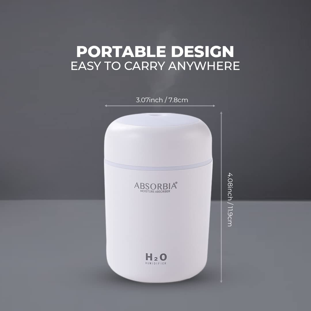 ABSORBIA Multicolour Mini Humidifier - 300ml Auto Shut off - Silent Operation - White - for Office, Car and Room