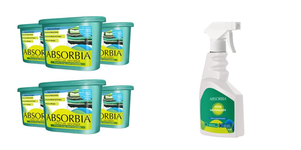 Absorbia Moisture Absorber Classic - Pack of 6 (Absorbs 600ml Each) | Dehumidier for Wardrobe, Cupboards Closets & All purpose Odour Neutralizer & Air Freshener for Fabric + Hard Surface, (500 ML)…