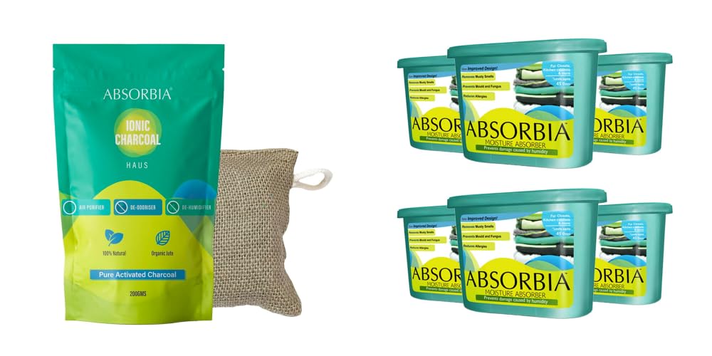 Absorbia Moisture Absorber | Absorbia Classic - Season Pack of 6 (600ml| Absorbia Charcoal Bag 200g