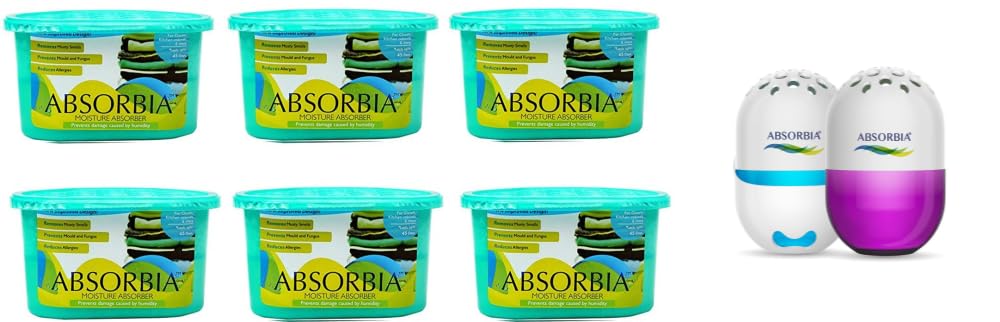 Absorbia Moisture Absorber with Activated Charcoal|Pack of 6 (Absorbs 400ml each)|Dehumidifier for Small Spaces & Absorbia Golf Gel Air Freshener-Pack of 2 (100g each) with frag. Jade and Navy