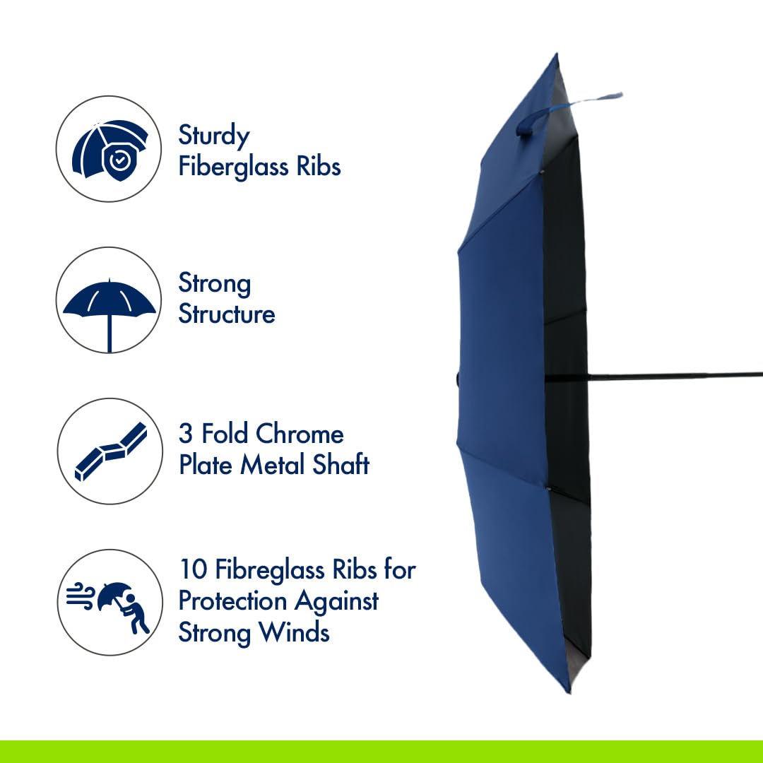 ABSORBIA Unisex 10K 3fold auto open umbrella for Rain & Sun proof, black coated for UV protection and also windproof| Double Layer Folding Portable Umbrella with cover| Black colour |Diameter 96 cm