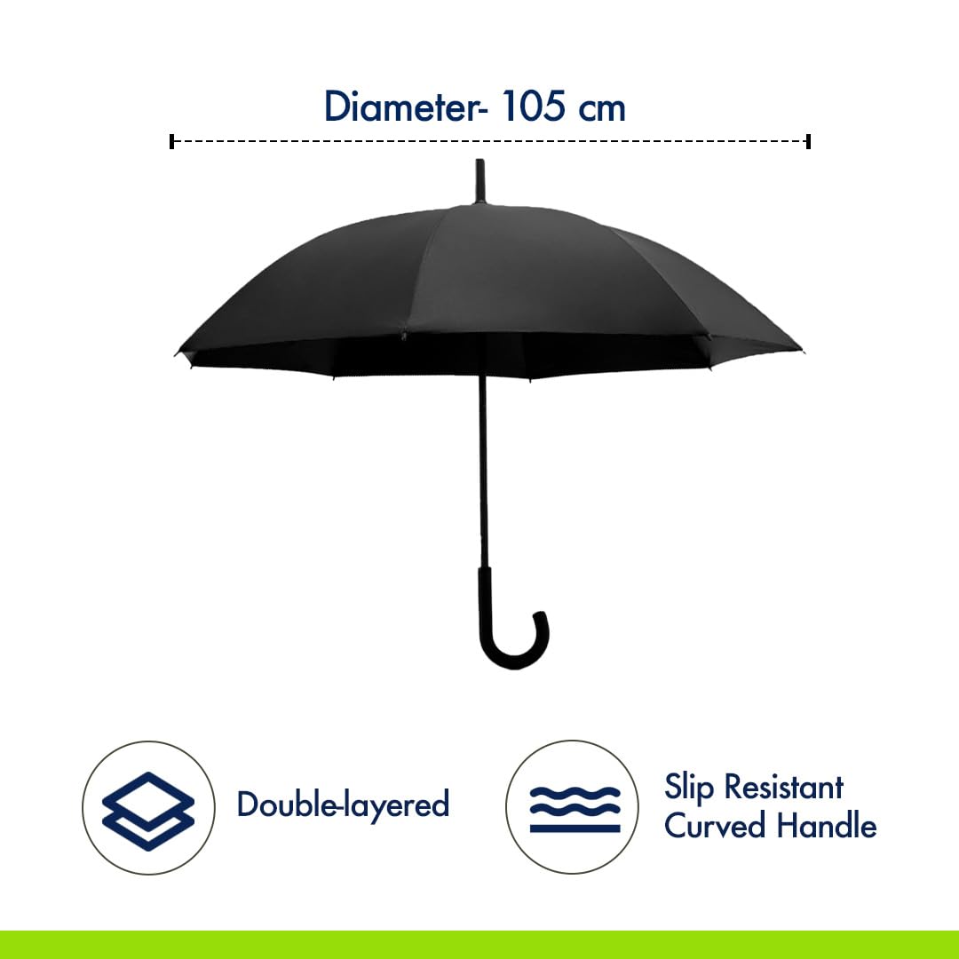 ABSORBIA Big Straight and Stick Umbrella for rain, Windproof, Waterproof and UV Coated, Open Diameter 105cm Double Layer Umbrella With Cover in Black Colour…