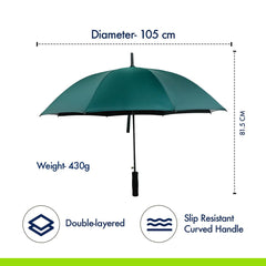 ABSORBIA 8K Straight and Stick Umbrella for rain, Windproof, Waterproof and UV proof black Coated | Open Diameter 105cm Double Layer Umbrella With Cover|Dark Green|