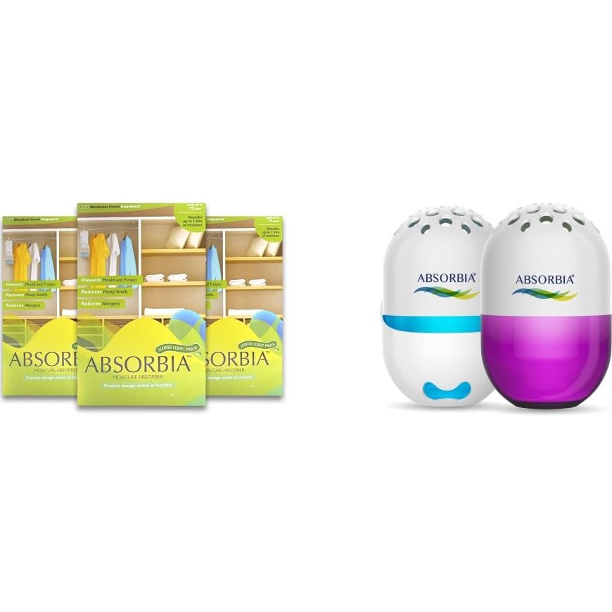 Absorbia Moisture Absorber Hanging Pouch with Mountain Fresh Fragrance - Pack of 3(Absorbs 800ml each) and Absorbia Golf Gel Air Freshener - Pack of 2 (100g X 2 pcs)|Water based, Low VOC & pDCB free