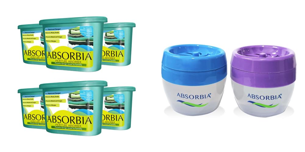 Absorbia Moisture Absorber Classic -Pack of 6(Absorbs 600ml Each)|Dehumidier for Wardrobe, Cupboards,Closets & Aviator Car Gel Air Freshener -Pack of 2(125g X 2)with frag. of Blue Wave & Tropical Joy