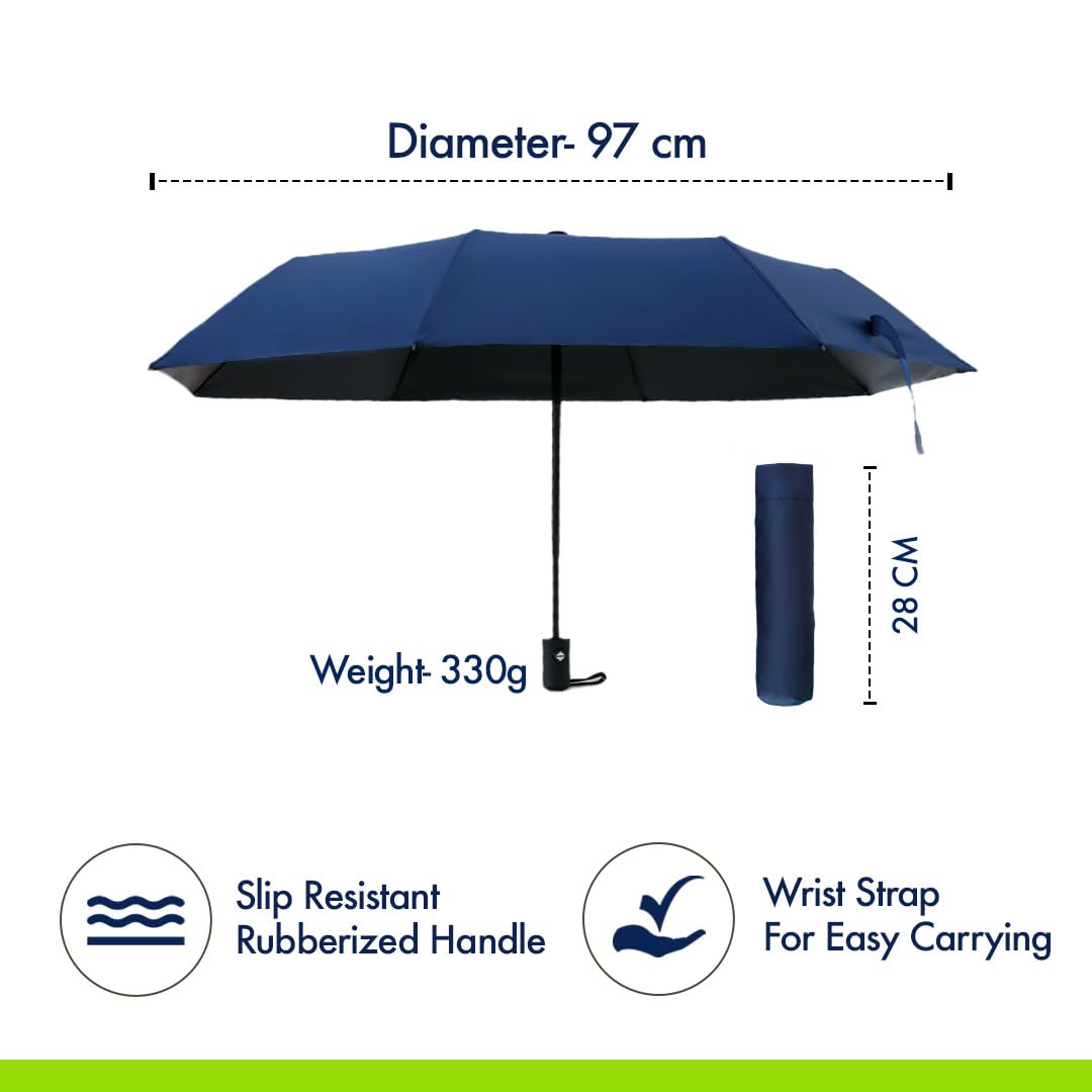 ABSORBIA Unisex 10K 3fold auto open umbrella for Rain & Sun proof, black coated for UV protection and also windproof| Double Layer Folding Portable Umbrella with cover| Black colour |Diameter 96 cm