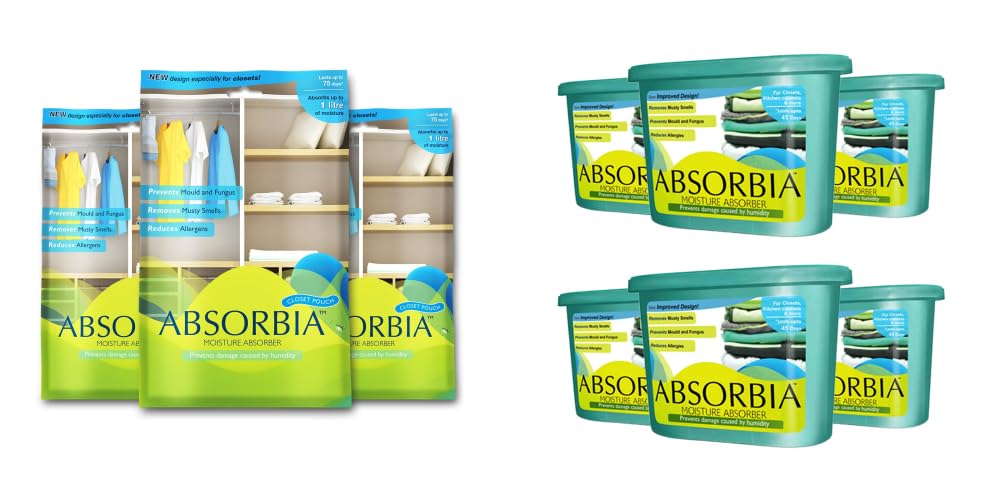 Absorbia Moisture Absorber Hanging Pouch - Family Pack of 3(440 g each) | Absorbia Classic Box - Pack of 6 (300g each)|Dehumidifier for Wardrobe, Cupboards & Closets