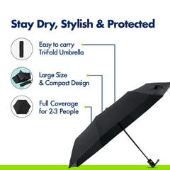 ABSORBIA Unisex 10K 3fold auto open umbrella for Rain & Sun proof, black coated for UV protection and also windproof| Double Layer Folding Portable Umbrella with cover| Black colour |Diameter 96 cm…