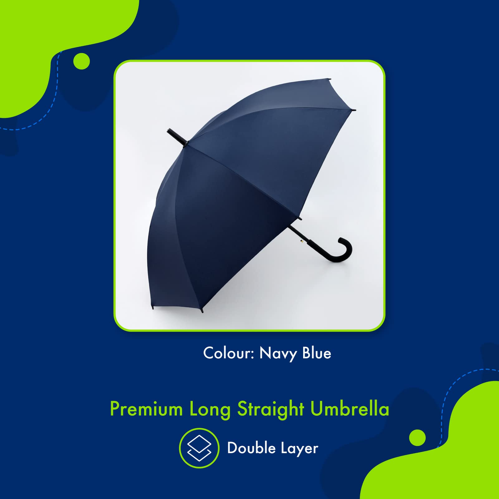 ABSORBIA Big Straight and Stick Umbrella for rain, Windproof, Waterproof and UV Coated, Open Diameter 105cm Double Layer Umbrella in Blue Colour