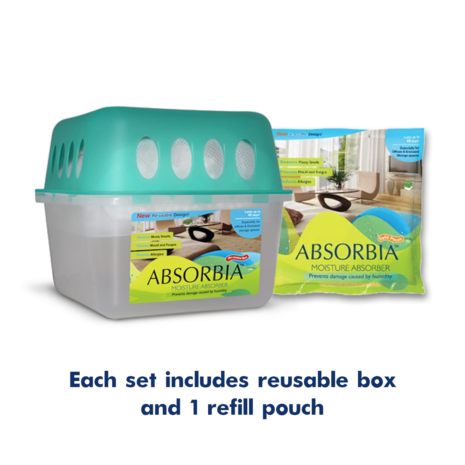 Absorbia Moisture Absorber Hanging Pouch - Pack of 3(440g each)| Absorbia Reusable Box with Refill - Pack of 3(400g each) | Dehumidifier for Wardrobe, Cupboards & Closets