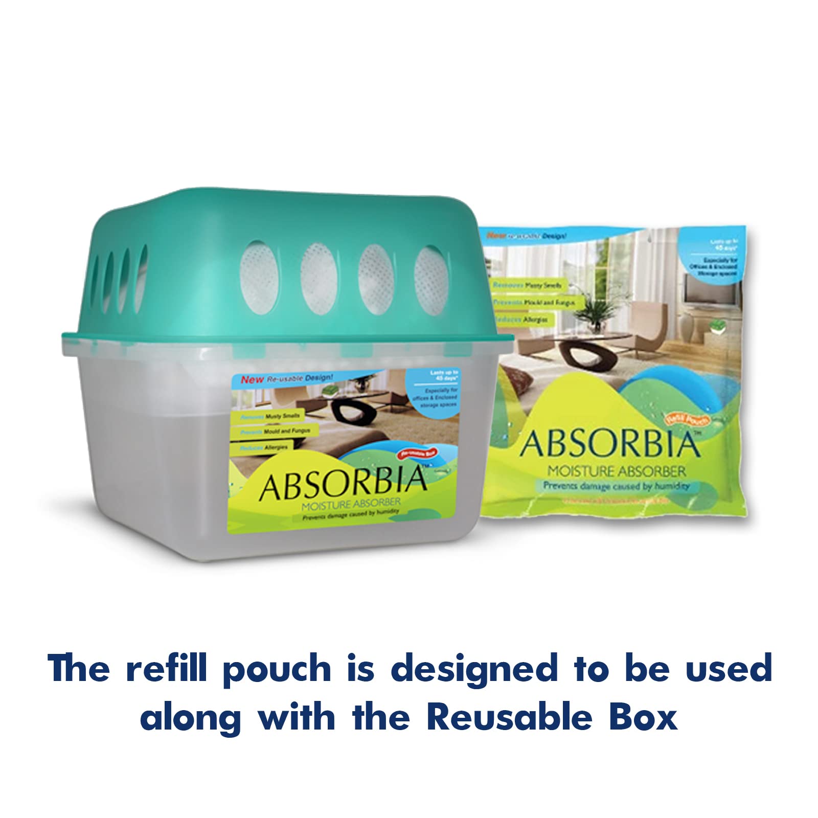 Absorbia Moisture Absorber | Absorbia Refill Pouch for Reusable Box - Pack of 6 (800ml Each) | Dehumidifier for Larger Areas Rooms| Fights Against Moisture, Mould, Fungus Musty Smells
