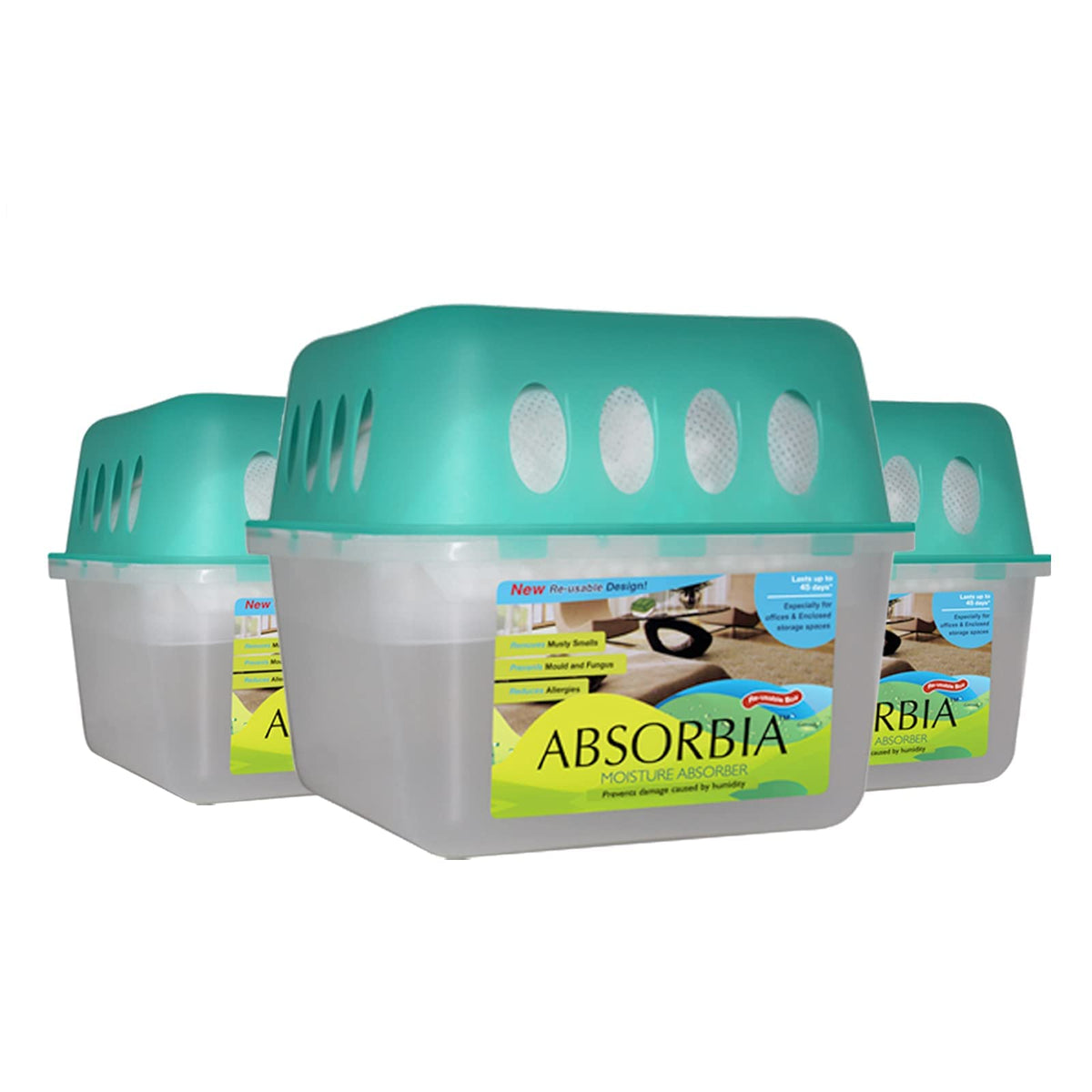 Absorbia Moisture Absorber |Absorbia Reusable Box w/Refill - Pack of 3 X 10 (800ml) | Dehumidifier for Basement, Storerooms, Spare Rooms & Lofts|Fights Against Moisture, Mould, Fungus & Musty Smells