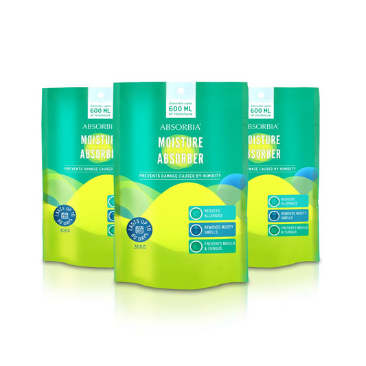 Absorbia Moisture Absorber | Stand up Closet Pouch - Pack of 3 (600ml Each) Absorption Capacity|Dehumidifier for Wardrobe & Cupboards | Fights Against Moisture, Mould, Fungus & Musty smells