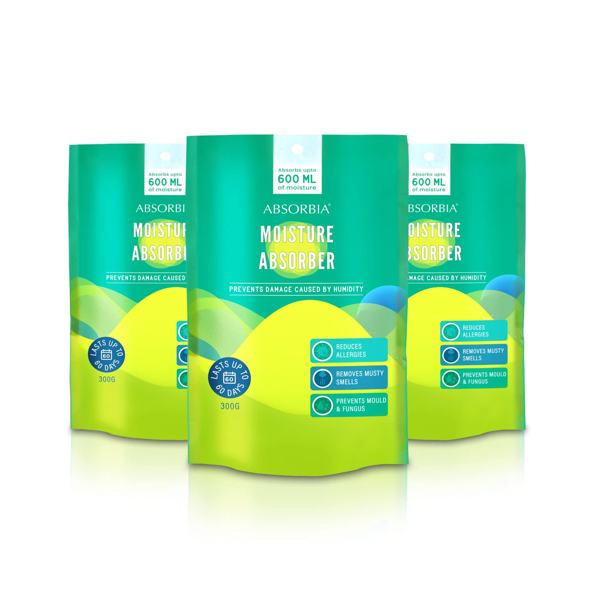 Absorbia Moisture Absorber | Stand up Closet Pouch - Pack of 3 (600ml Each) Absorption Capacity|Dehumidifier for Wardrobe & Cupboards | Fights Against Moisture, Mould, Fungus & Musty smells