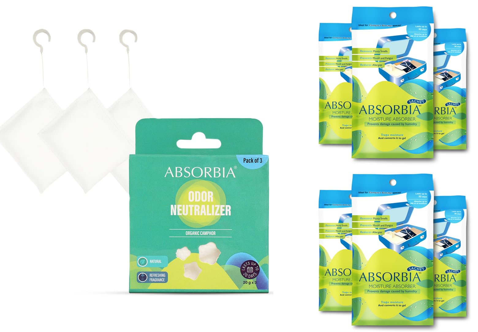 Absorbia Moisture Absorber Sachet -Pack of 6 (200ml Each) | Dehumidier for Bags, Suitcases Drawers & Absorbia Natural Camphor 20G X 3 | For cupboards and shoe closets | Air Freshener & Bug repellent