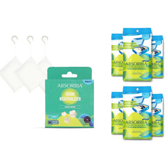 Absorbia Moisture Absorber Sachet -Pack of 6 (200ml Each) | Dehumidier for Bags, Suitcases Drawers & Absorbia Natural Camphor 20G X 3 | For cupboards and shoe closets | Air Freshener & Bug repellent