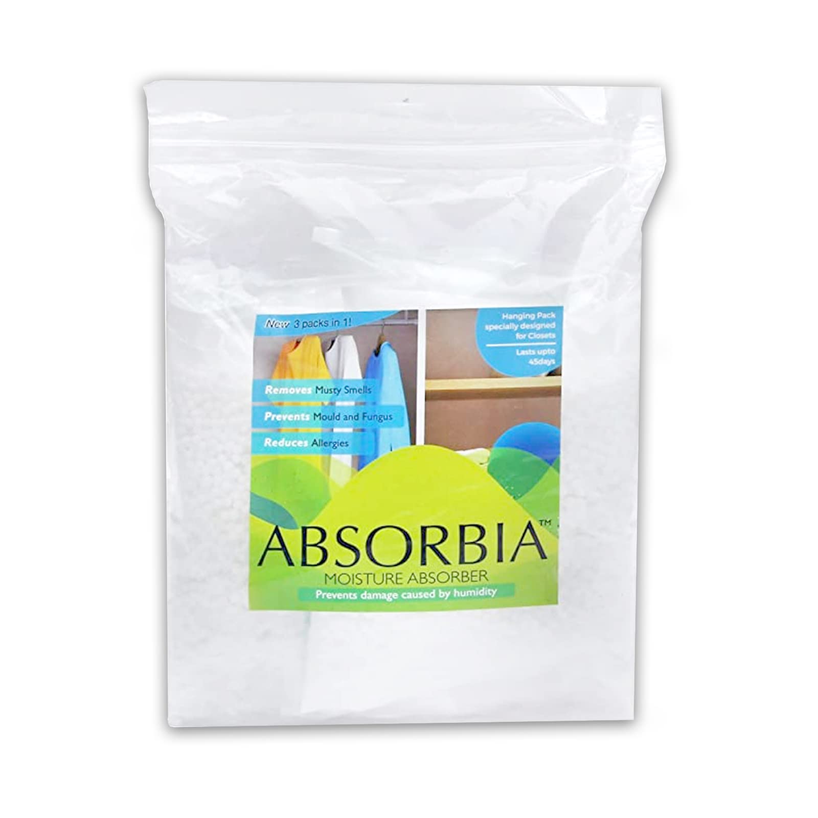 Absorbia Moisture Absorber Hanging Pouch | Family Pack of 3 (400ml Each) | Dehumidifier for Wardrobe, Closet & Bathroom| Keeps Clothes Fresh & Crisp | Fights Against Moisture, Mould & Musty Smells…