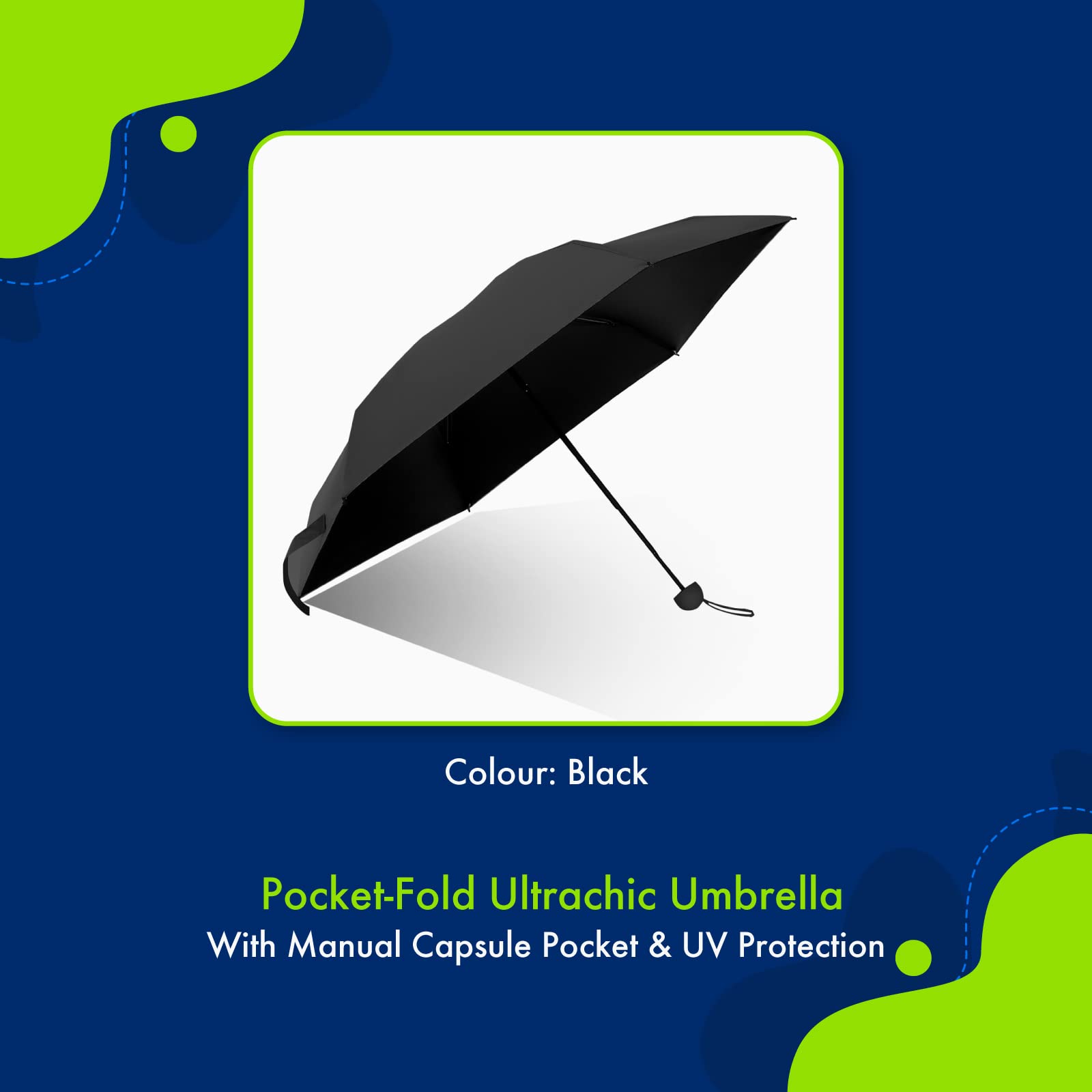 ABSORBIA Unisex 5 fold Umbrella with capsule cover for Rain & Sun Protection and also windproof | Double Layer Folding Portable Umbrella| Black colour | Fancy and Easy to Travel | Open Diameter 97CM