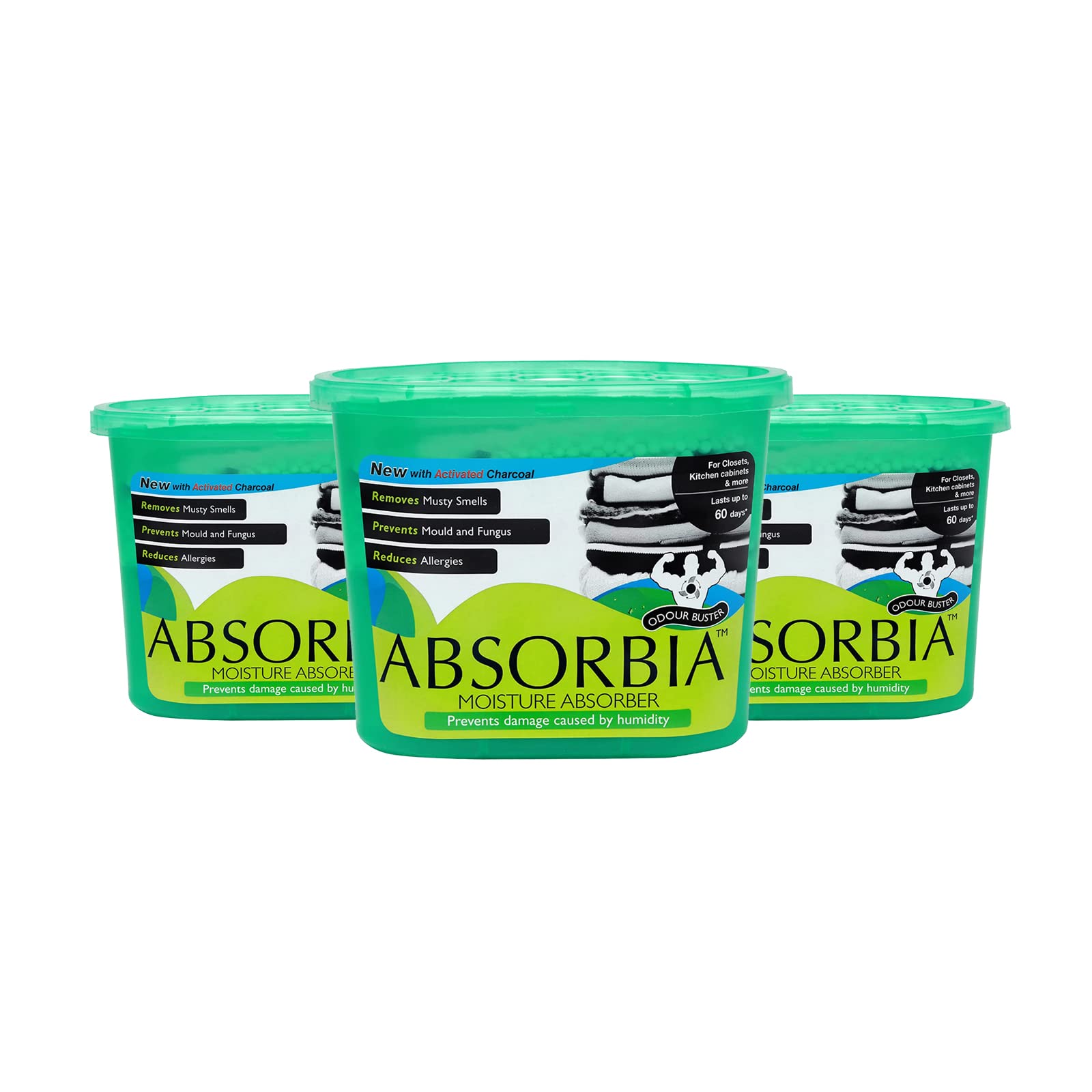 Absorbia Moisture Absorber & Odour Buster with Activated Charcoal |Family Pack of 3 (300 gms X 3 Boxes) |Absorption Capacity 600ml Each Box |for Wardrobe etc |Fights Against Mould & Musty smells