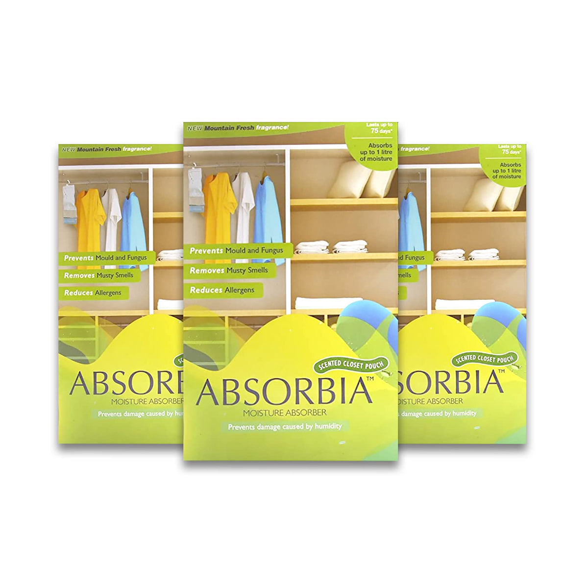 Absorbia Moisture Absorber Hanging Pouch | Mountain Fresh Fragrance - Pack of 3 ( 440 gms X 3 Pouches) | Absorption Capacity 1000 ml each | Odour Absorber & Dehumidifier for Wardrobe, Closet & Bathroom| Fights Against Moisture, Mould, Fungus & Musty