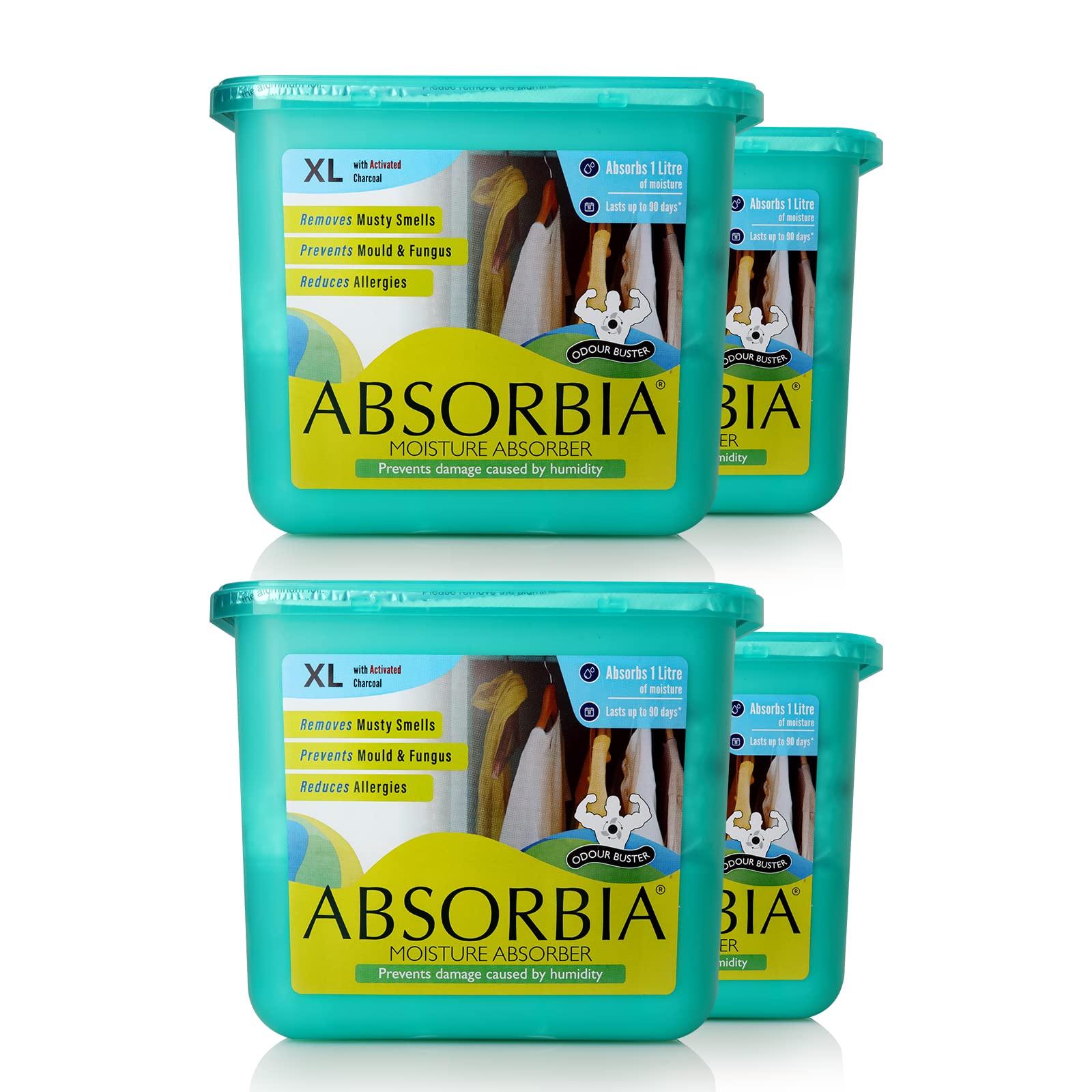Absorbia Moisture Absorber XL with Activated Charcoal | Pack of 4 (450 g X 4 boxes) | 1L Absorbs|Dehumidifier for Rooms & Wardrobes|Fights Against Moisture, Mould, Fungus