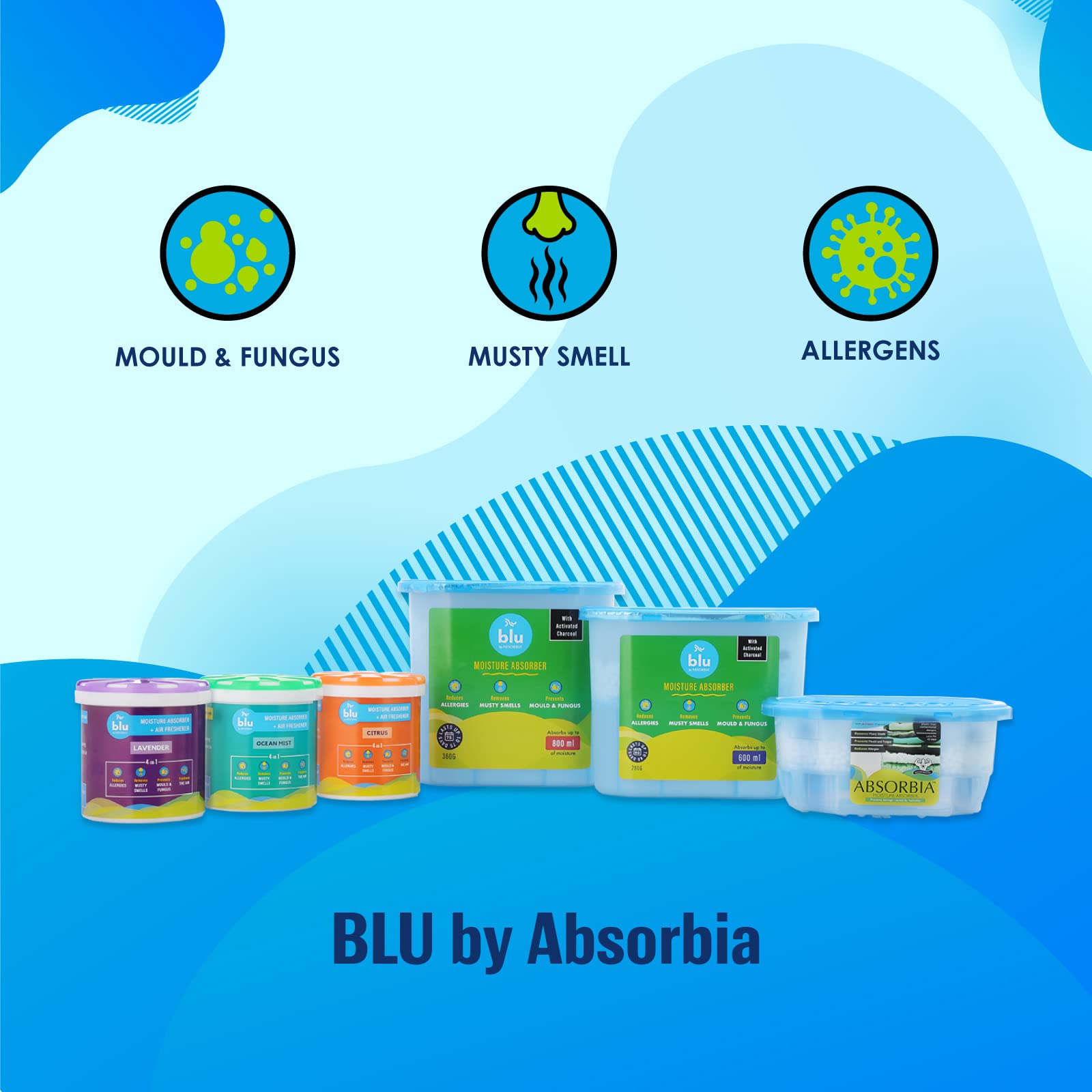 BLU by Absorbia | Moisture Absorber with Activated Charcoal | Saver Pack of 6 (200gms X 6 Boxes) | Absorption Capacity 400ml each Box | Dehumidifier for Small Storage Spaces | Fights Against Moisture, Mould, Fungus & Musty smells